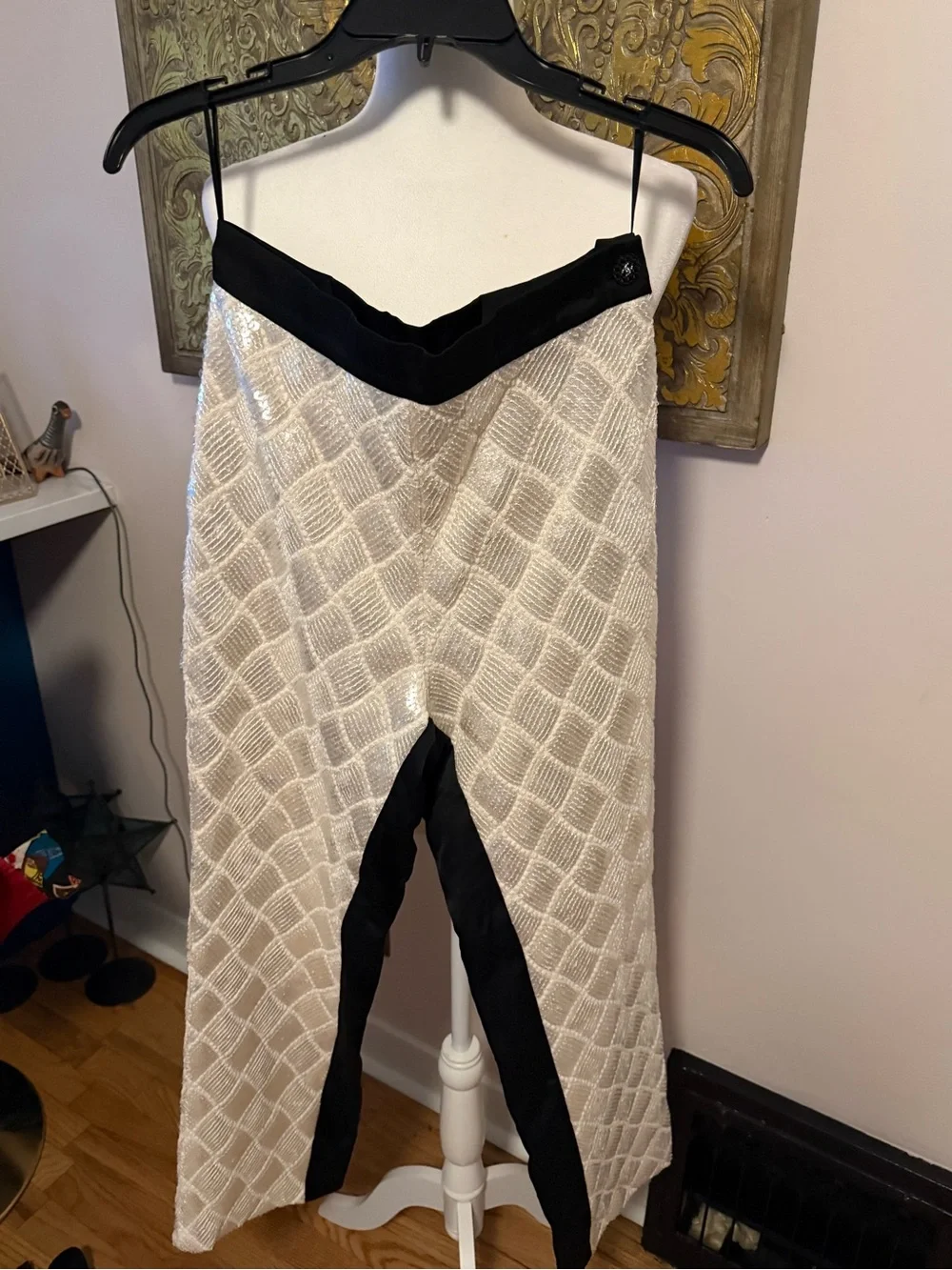 Chanel Silk Sequin Diamond Trousers Ivory Black FR 40